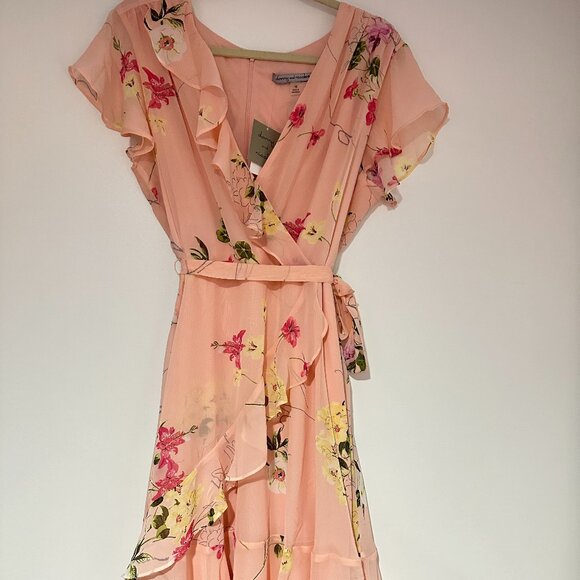 NWT Danny & Nicole Coral Pink Floral Ruffle Flutter Surplice Midi Dress Size 16 - Picture 1 of 7